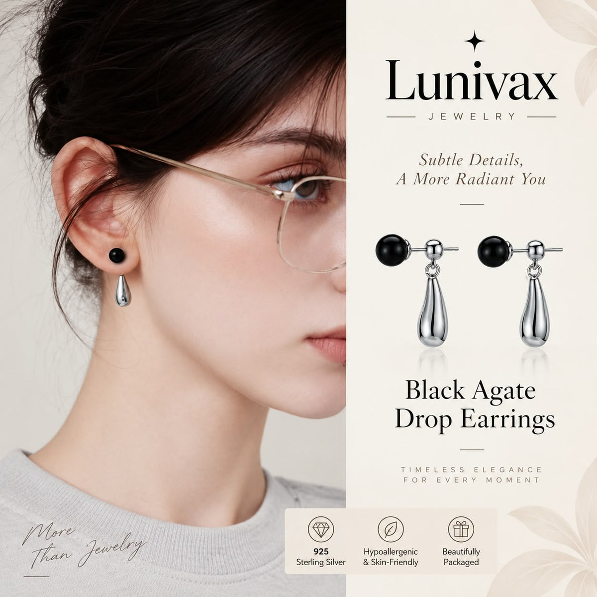 Midnight Drop™ Black Agate Earrings with 925 Silver Posts