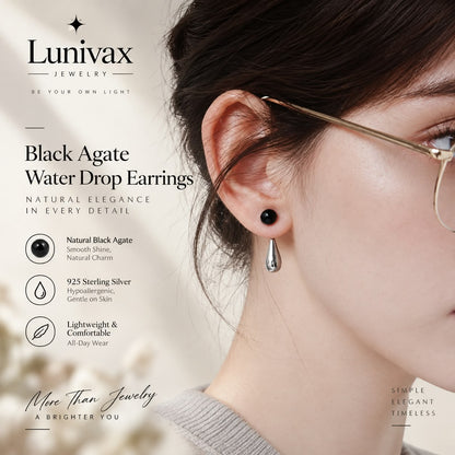 Midnight Drop™ Black Agate Earrings with 925 Silver Posts