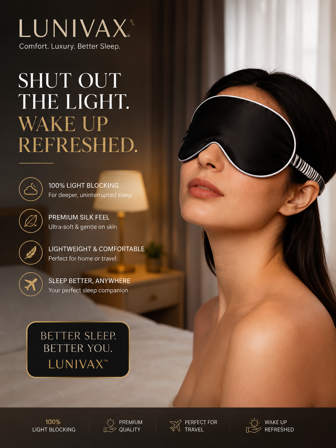 LUNIVAX Luxe Silk Sleep Mask, Complete Light Blocking For Deep Sleep