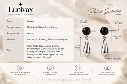 Midnight Drop™ Black Agate Earrings with 925 Silver Posts
